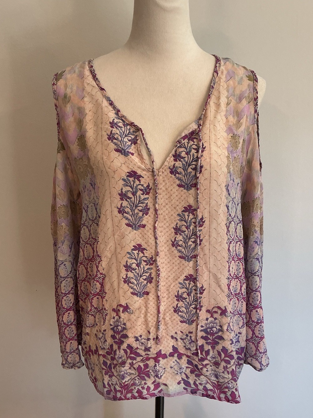 Tolani Silk Cold Shoulder Peasant Blouse